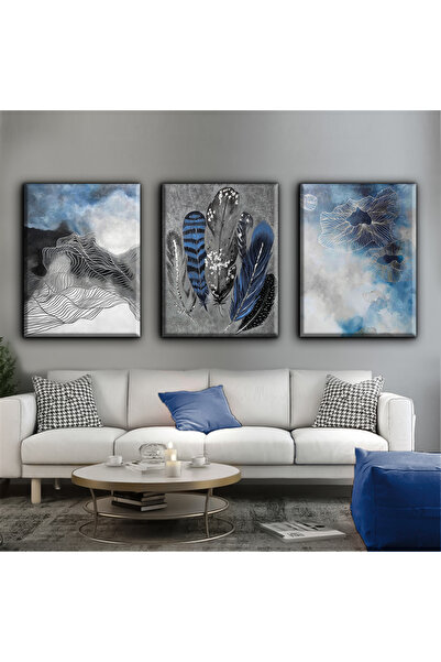Harikabirev Dark Blue Gray Abstract Modern Painting |   3-Piece Vertical Frameless Canvas Painting Chsdkyknvs