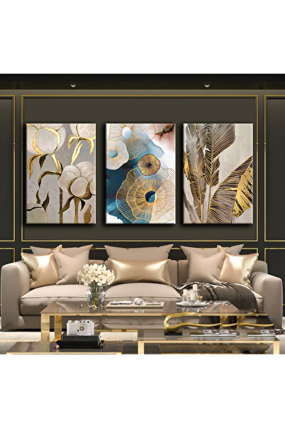 Harikabirev Gold Turquoise Cotton Plant Painting |   3-Piece Vertical Frameless Canvas Painting Chsdkyknvs