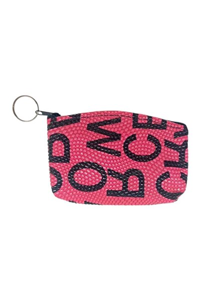 CASABA سلسلة مفاتيح على شكل محفظة للعملات المعدنية بنمط مكتوب باللون الوردي