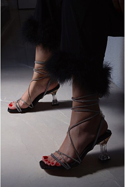 POLKA STORE Elegance Stone-Embellished Sparkling Silver Lame Gray Ankle-Strap Transparent Heeled Stylish Evening Dress Shoes