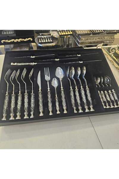 MaviDamla 24 Piece Crystal Handle Dinner Set Silver
