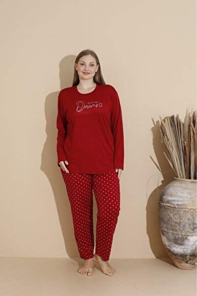 makkash Women's Milan Fabric Plus Size Curve Printed Burgundy Long Sleeve Pajama Set