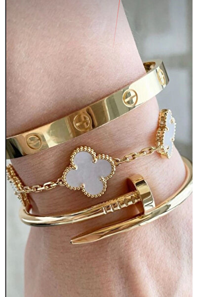 bs bellss accessory Gold Yonca Çivi Cartier Model Üçlü Bileklik Set