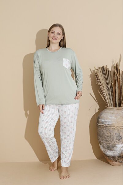 makkash Women's Milan Fabric Plus Size Curve Printed Pistachio Green Long Sleeve Pajama Set
