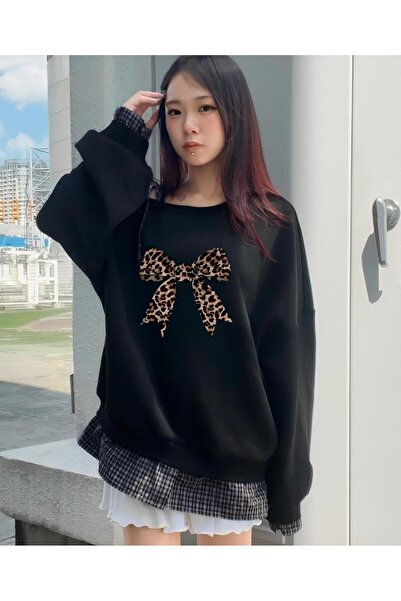 trendgar Чорна леопардова бантик принт асиметричний комір світшот