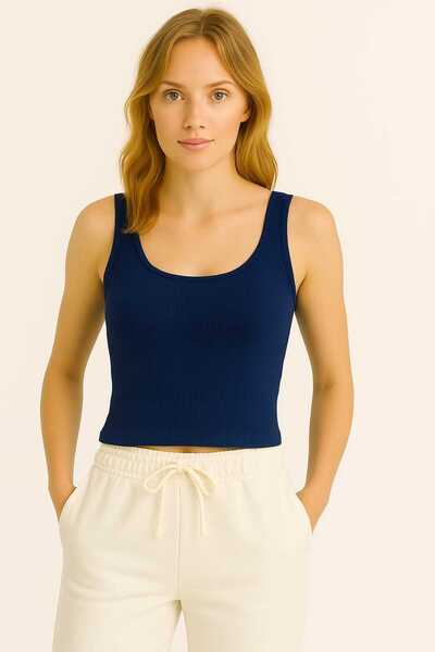 TREND ALİSSE lacivert slim fit dar kesim düz yuvarlak yaka fitilli kaşkorse crop atlet