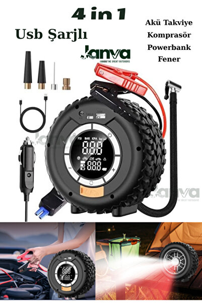 Janva Taşnabilir Araç Akü Takviyeli Powerbank Destekli Işıklı Oto Hava Kompresörü