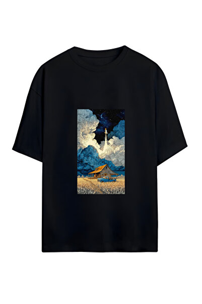 GraffTee تي شيرت روكيت للجنسين من القطن ذو حجم كبير