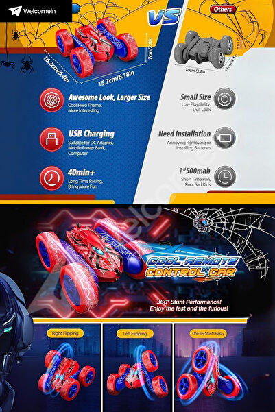 welcomein 360° Dönen Buhar Atan Şarjlı 2.4GHz Akrobat RC Araba Örümcek Adam Venom Uğur Böceği Akrobatik