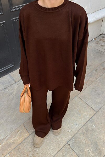 Swist Brown Crew Neck Oversize Sweater-Pants Knit Women's Bottom-Top Set