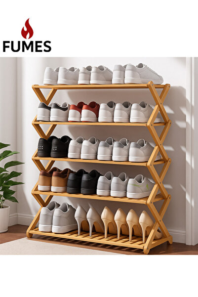 Fumes 5 Tier X-shaped Foldable Wooden Shoe Rack Organizer and Space-Saving Bamboo Shelf