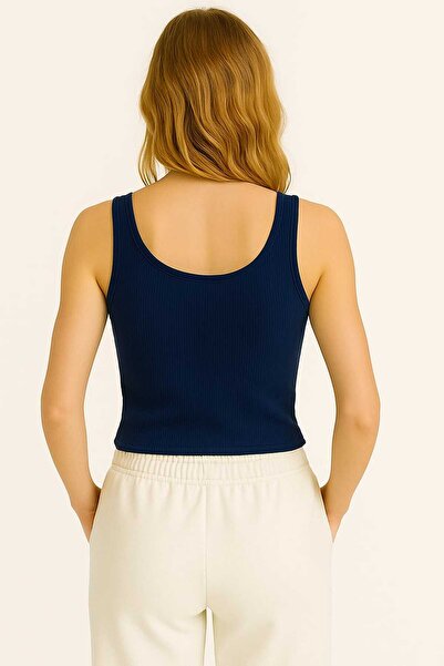 TREND ALİSSE lacivert slim fit dar kesim düz yuvarlak yaka fitilli kaşkorse crop atlet