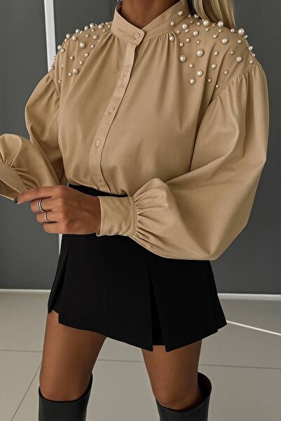 MAXORA SHOP Shirt with Pearl Appliques – Sheer Material, Loose Fit