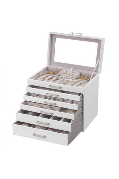 JollyMag Jewelry and Watch Box, 5 Drawers, Mirror, MDF and Velvet, 30.2 x 21 ...