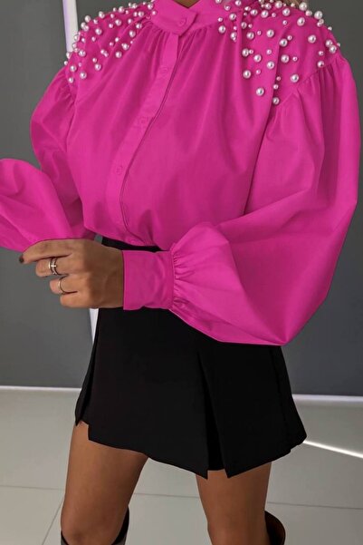 GLAMSI Sheer Shirt with Decorative Pearls – Casual Cut