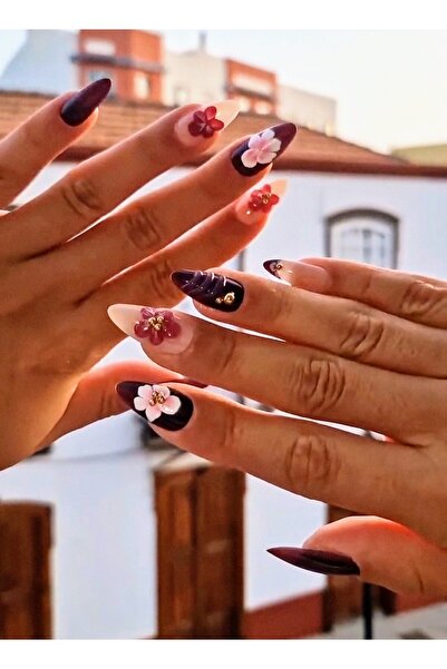 PİRAYE AKSESUAR 24'lü Koyu Bordo Çiçek Temalı Kabartma Jel Nail Gold Charm De...