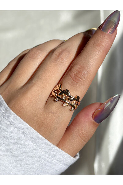 Eylülün Takısı Women's Gold Color Stone Leaf Ring