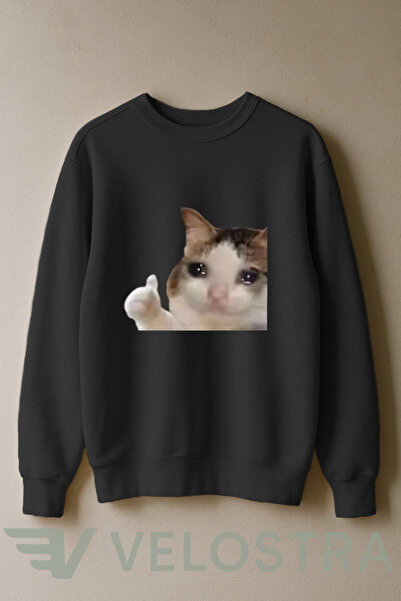 Velostra سويت شيرت برقبة دائرية مطبوع عليه قطة تبكي للجنسين مكون من 3 خيوط