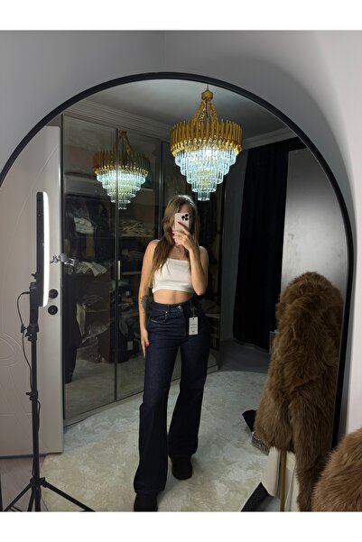 Elif Metal detaylı geniş paça pantolon koyu mavi