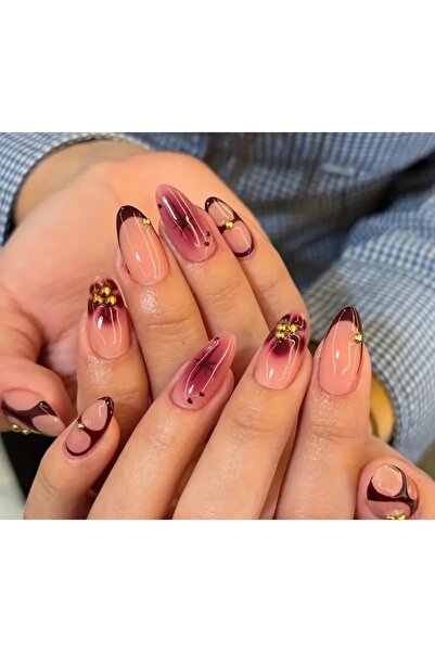 PİRAYE AKSESUAR 24'lü Bordo Yıldız ve Çiçek Dijital Baskı Gold Charm Nail Fre...