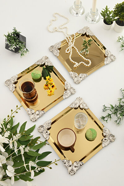 AKSESUAR EVRENİ Pietra Gold 3-Piece Decorative Stainless Steel Special Presentation Tray with 4 Corners and Silver Flower Detail