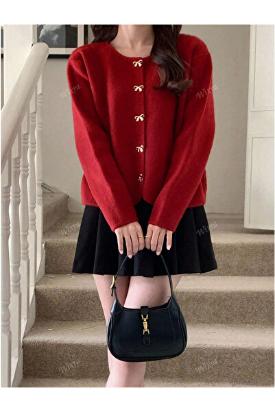 NATUFIAN STORE Kadın Kırmızı Fiyonk Düğmeli Oval Detaylı Triko Hırka