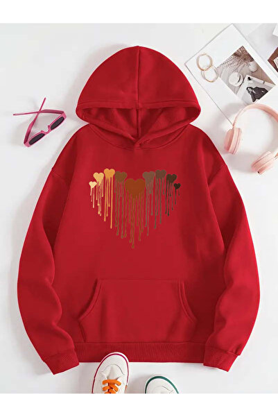 Trend Sizde Hanorac cu glugă unisex roșu cu imprimeu ERİYENKALP
