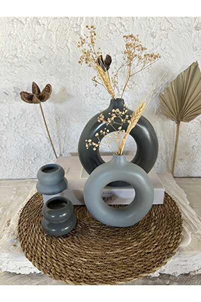 Zigzag Home Decorative Bohemian Style Ring Vase Set Candle Holder 4 Piece Set Anthracite Gray Color Trinket