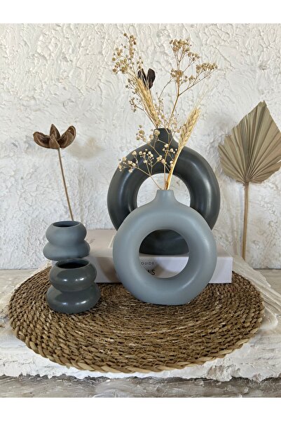 Zigzag Home Decorative Bohemian Style Ring Vase Set Candle Holder 4 Piece Set Anthracite Gray Color Trinket