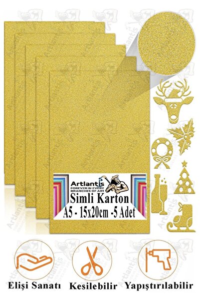 Artlantis Simli Karton A5 15x20 cm 5 li 1 Paket Simli Fon Kartonu Parıltılı K...