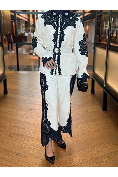 laviezey Lacivert Güpür Detaylı Keten Gömlek Pantolon Takım