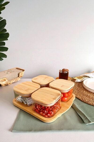 GLAMZE 4'lü Cam Vakum Kapaklı Bambu Kahvaltılık