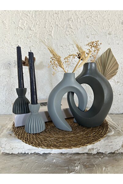 Zigzag Home Decorative Bohemian Style 4 Piece Loverly Ivy Vase and Damask Candle Holder Set Anthracite Gray Color Figurine