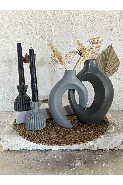 Zigzag Home Decorative Bohemian Style 4 Piece Loverly Ivy Vase and Damask Candle Holder Set Anthracite Gray Color Figurine