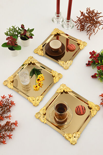 AKSESUAR EVRENİ Pietra Gold 3-Piece Decorative Stainless Steel Special Presentation Tray with 4 Corners and Gold Flower Detail