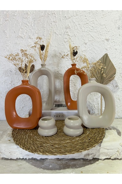 Zigzag Home Decorative Bohemian Style 6 Piece Vase and Candle Holder Set, Figurine Set Orange Beige
