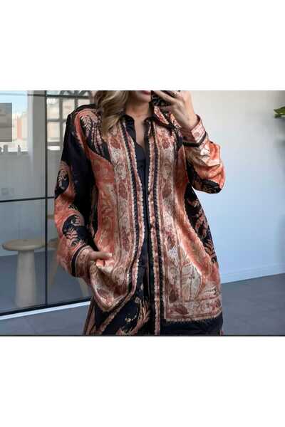 Butik Şenel Ethnic Patterned Satin Shirt and Pants Set