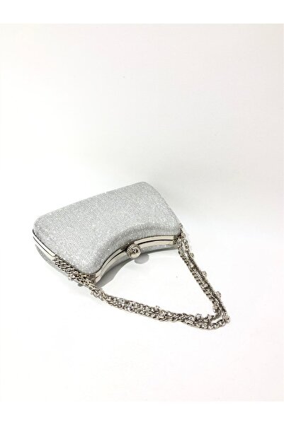 womenacs Silver Color Laser Fabric Wavy Glitter Black Evening Dress Clutch Chain Strap Hand Wedding Engagement Evening Bag