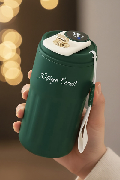 Giftino Kişiye Özel Dijital Isı Göstergeli Paslanmaz 304 Haki Çelik Bardak Termos Mug Kupa 400ml