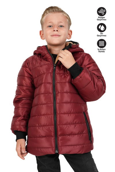 Merdia Boy's Waterproof and Windproof Fur-Lined Hooded Coat with Straight Lin...