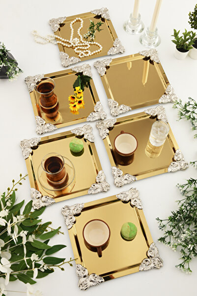 AKSESUAR EVRENİ Pietra Gold 6-Piece Decorative Stainless Steel Special Presentation Tray with 4 Corners and Silver Flower Detail