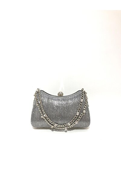 womenacs Platinum Color Laser Fabric Wavy Glitter Black Evening Dress Clutch Chain Strap Handheld Wedding Engagement Evening Bag