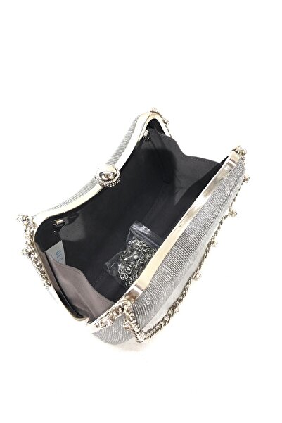 womenacs Platinum Color Laser Fabric Wavy Glitter Black Evening Dress Clutch Chain Strap Handheld Wedding Engagement Evening Bag