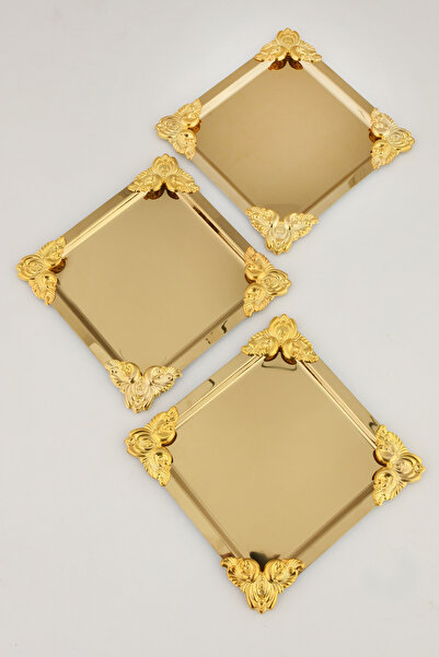 AKSESUAR EVRENİ Pietra Gold 3-Piece Decorative Stainless Steel Special Presentation Tray with 4 Corners and Gold Flower Detail
