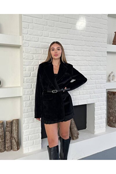 zoezoe Women's Bearded Leather Belted Blazer Jacket Coat