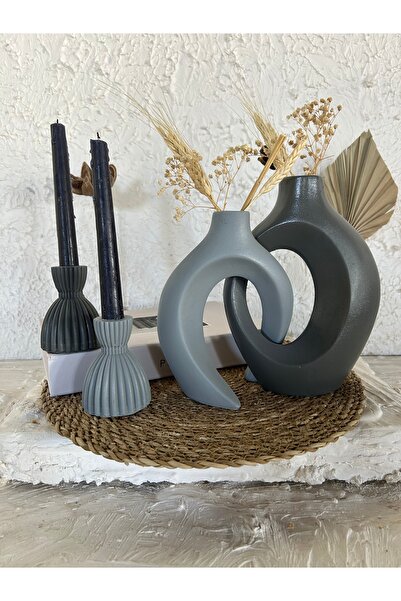 Zigzag Home Decorative Bohemian Style 4 Piece Loverly Ivy Vase and Damask Candle Holder Set Anthracite Gray Color Figurine