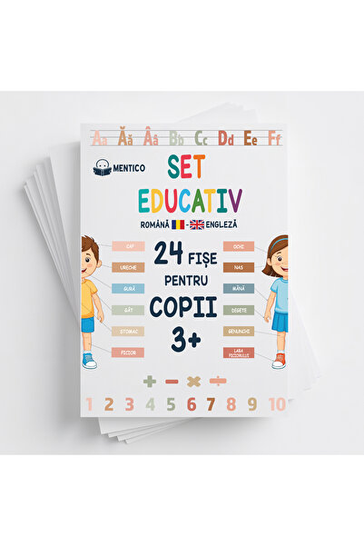 Mentico Set Educativ Copii 3+, 24 Fișe A4 Cartonate Bilingve Română–Engleză c...
