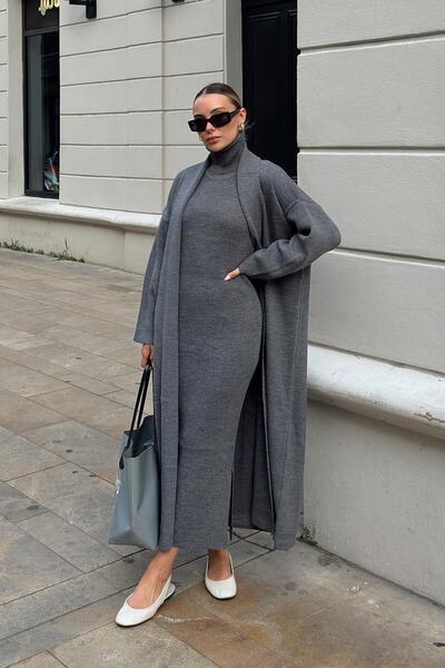 Swist Smoked Turtleneck Zero Sleeve Midi Dress-Cardigan Women's Knitwear Set