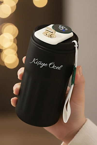Giftino Kişiye Özel Dijital Isı Göstergeli Paslanmaz 304 Siyah Çelik Bardak Termos Mug Kupa 400ml