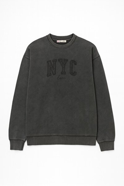 Mixray 2020 Women's Nyc Embroidered Stone Washed 3 Thread Sweatshirt Anthracite